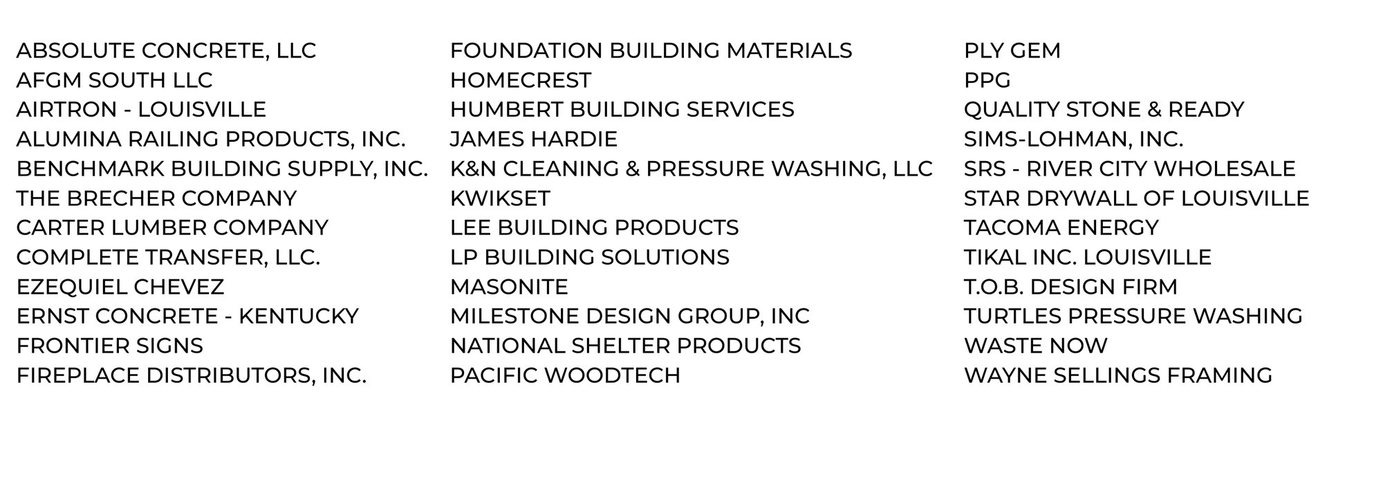 ABSOLUTE CONCRETE, LLC AFGM SOUTH LLC AIRTRON - LOUISVILLE ALUMINA RAILING PRODUCTS, INC. BENCHMARK BUILDING SUPPLY, INC. THE BRECHER COMPANY CARTER LUMBER COMPANY COMPLETE TRANSFER, LLC.